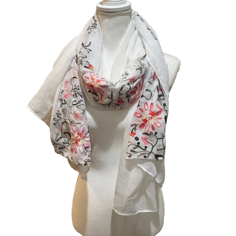 Bass Floral Sheer Scarf White